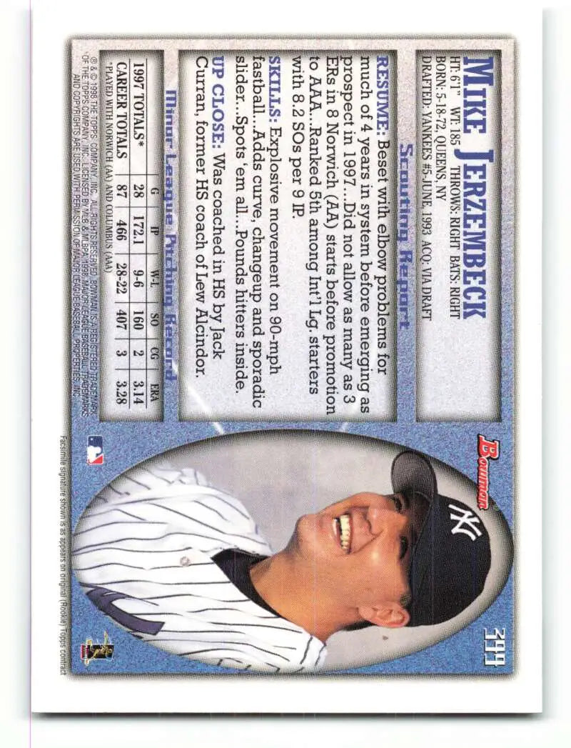 1998 Bowman #399 Mike Jerzembeck EX Excellent RC Rookie New York Yankees Baseball Card - Baseball Card Single
