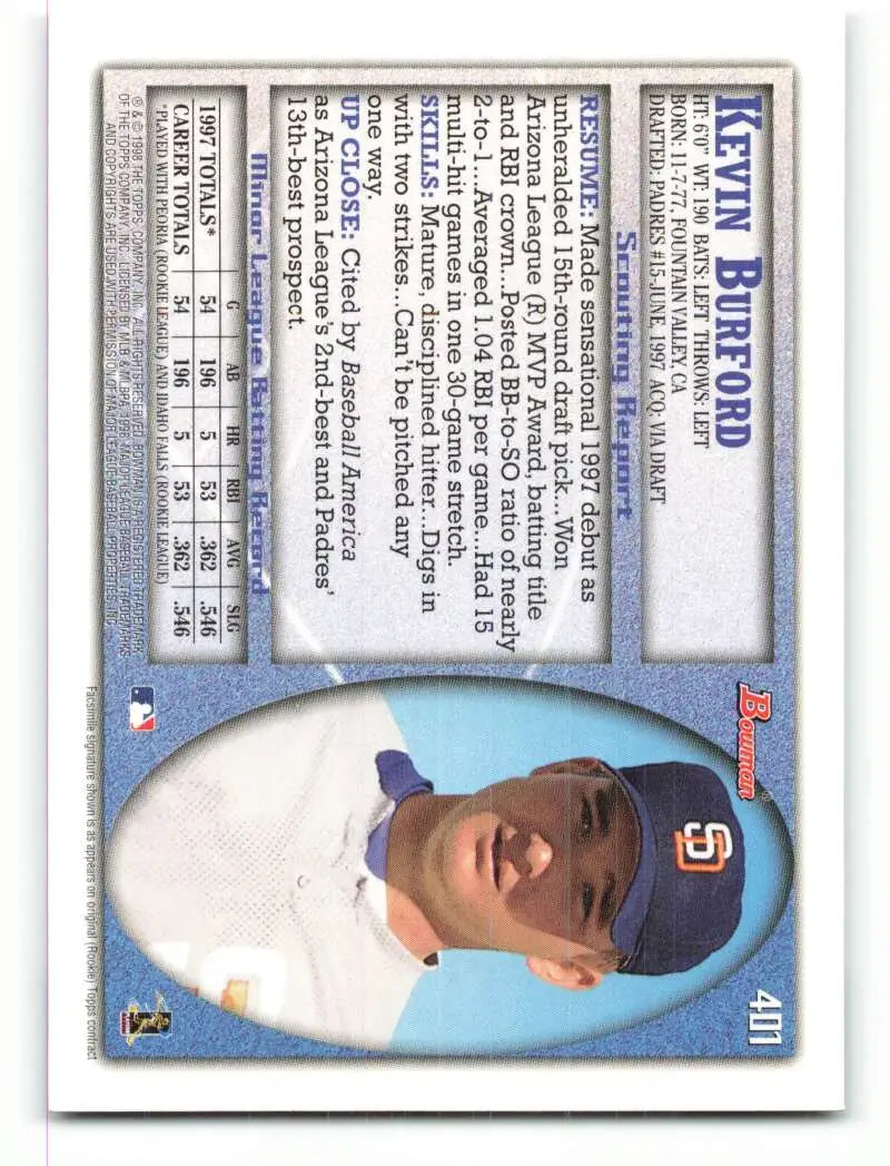 1998 Bowman #401 Kevin Burford EX Excellent RC Rookie San Diego Padres Baseball Card - Baseball Card Single