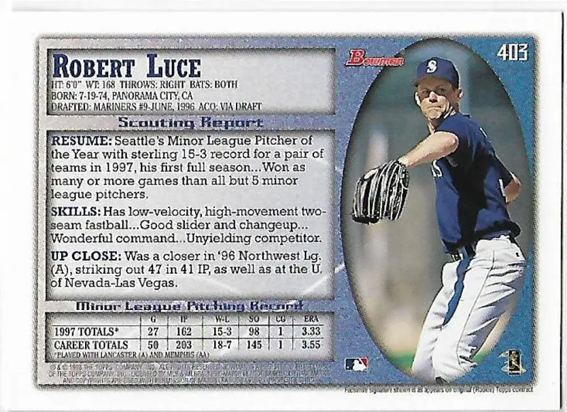 1998 Bowman #403 Robert Luce EX Excellent RC Rookie Seattle Mariners Baseball Card - Baseball Card Single