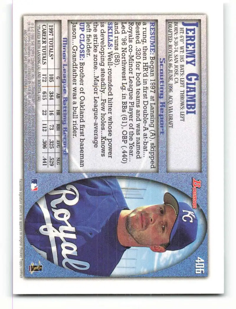 1998 Bowman #406 Jeremy Giambi EX Excellent RC Rookie Kansas City Royals Baseball Card - Baseball Card Single