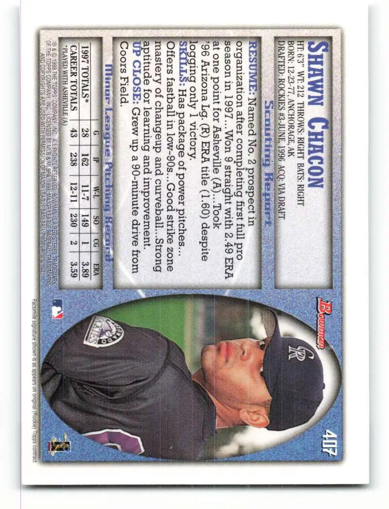 1998 Bowman #407 Shawn Chacon EX Excellent Colorado Rockies Baseball Card - Baseball Card Single