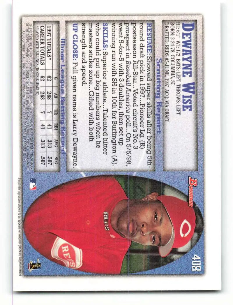 1998 Bowman #408 Dewayne Wise EX Excellent RC Rookie Cincinnati Reds Baseball Card - Baseball Card Single