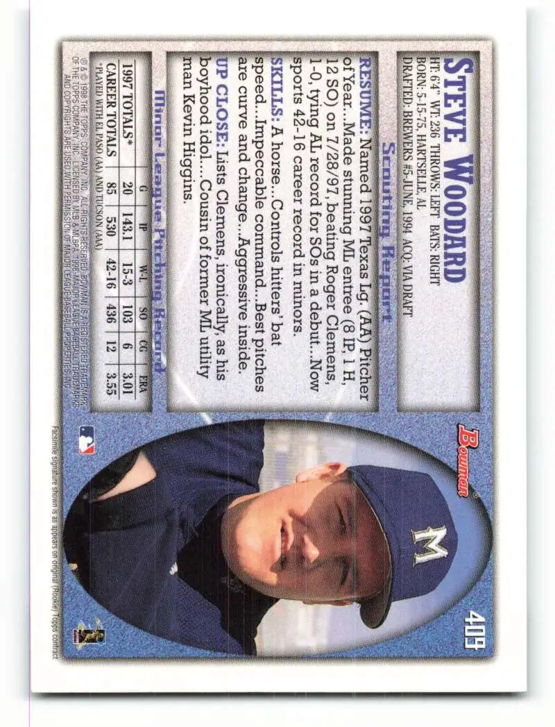 1998 Bowman #409 Steve Woodard EX Excellent Milwaukee Brewers Baseball Card - Baseball Card Single