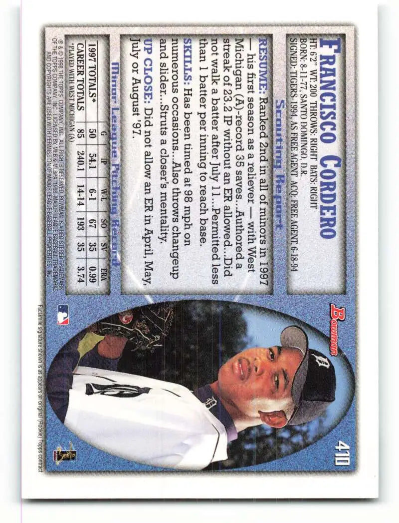 1998 Bowman #410 Francisco Cordero EX Excellent RC Rookie Detroit Tigers Baseball Card - Baseball Card Single