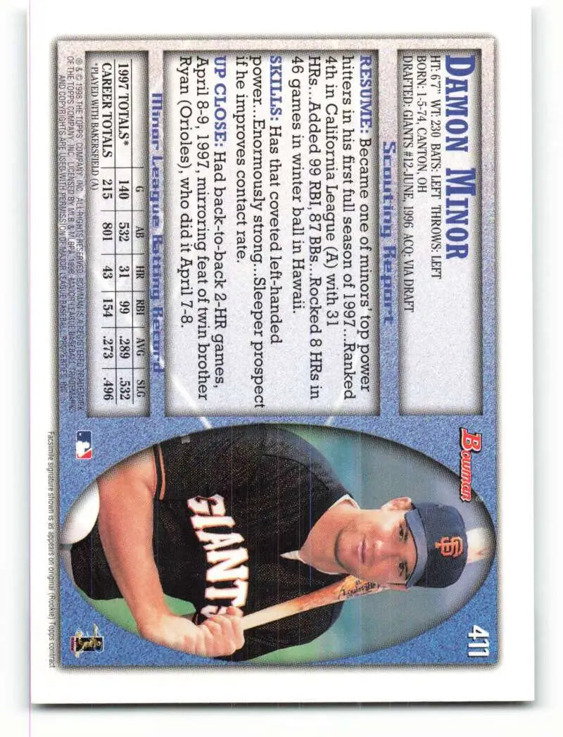 1998 Bowman #411 Damon Minor EX Excellent RC Rookie San Francisco Giants Baseball Card - Baseball Card Single