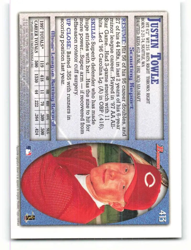 1998 Bowman #413 Justin Towle EX Excellent Cincinnati Reds Baseball Card - Baseball Card Single