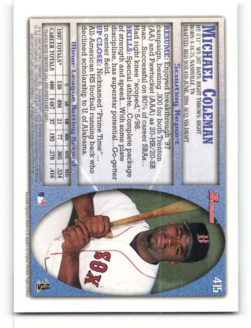1998 Bowman #415 Michael Coleman EX Excellent Boston Red Sox Baseball Card - Baseball Card Single