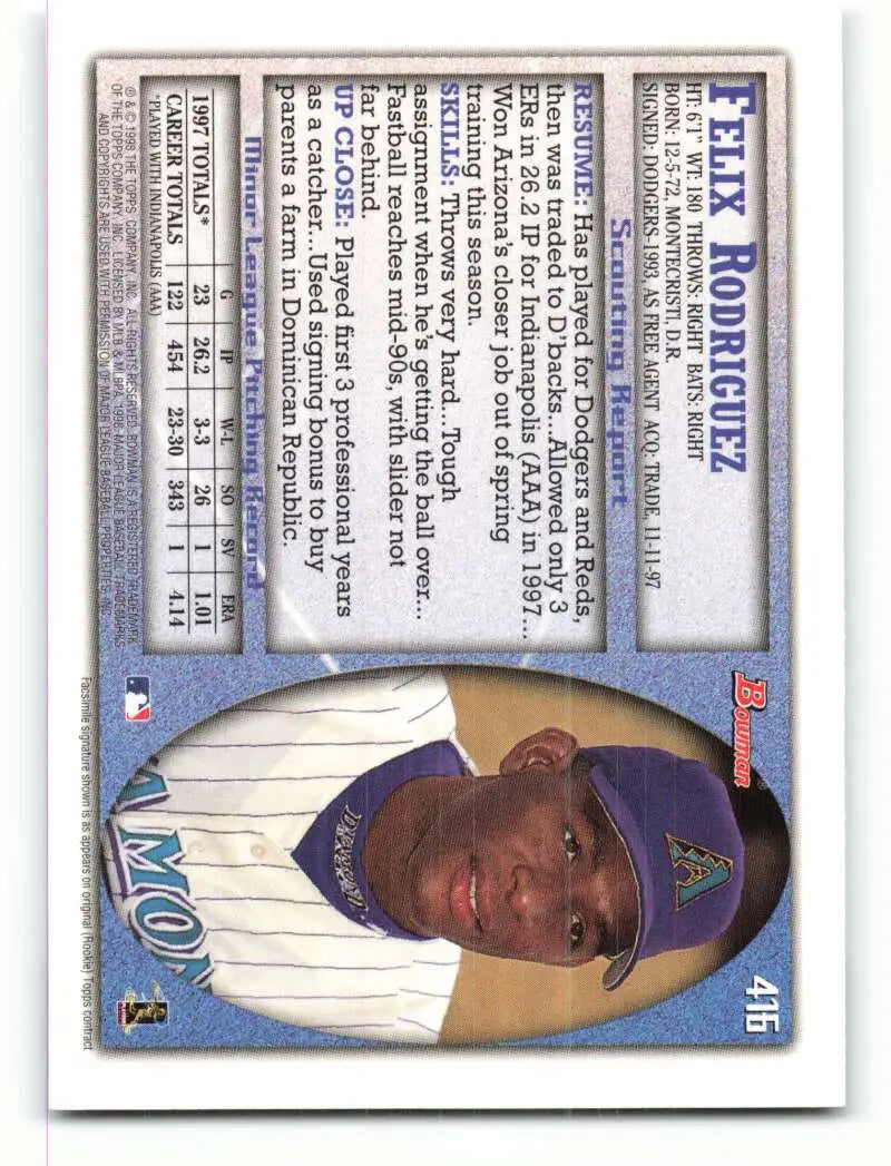 1998 Bowman #416 Felix Rodriguez EX Excellent Arizona Diamondbacks Baseball Card - Baseball Card Single