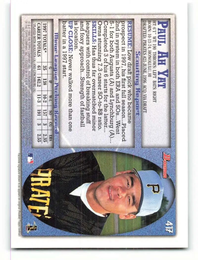 1998 Bowman #417 Paul Ah Yat EX Excellent RC Rookie Pittsburgh Pirates Baseball Card - Baseball Card Single