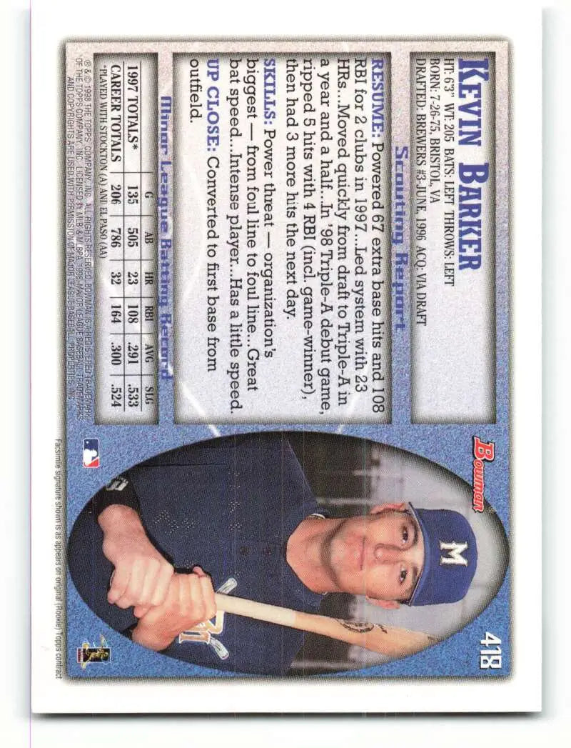 1998 Bowman #418 Kevin Barker EX Excellent RC Rookie Milwaukee Brewers Baseball Card - Baseball Card Single