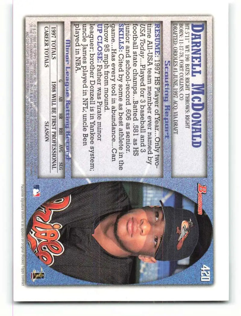 1998 Bowman #420 Darnell McDonald EX Excellent RC Rookie Baltimore Orioles Baseball Card - Baseball Card Single