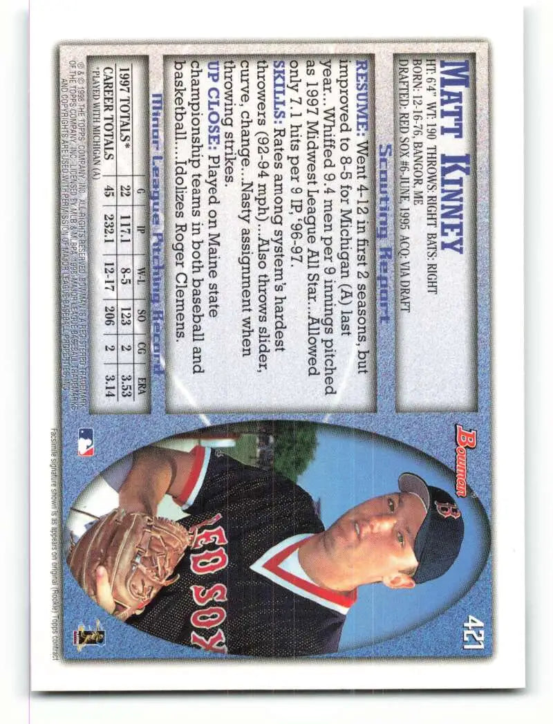 1998 Bowman #421 Matt Kinney EX Excellent RC Rookie Boston Red Sox Baseball Card - Baseball Card Single