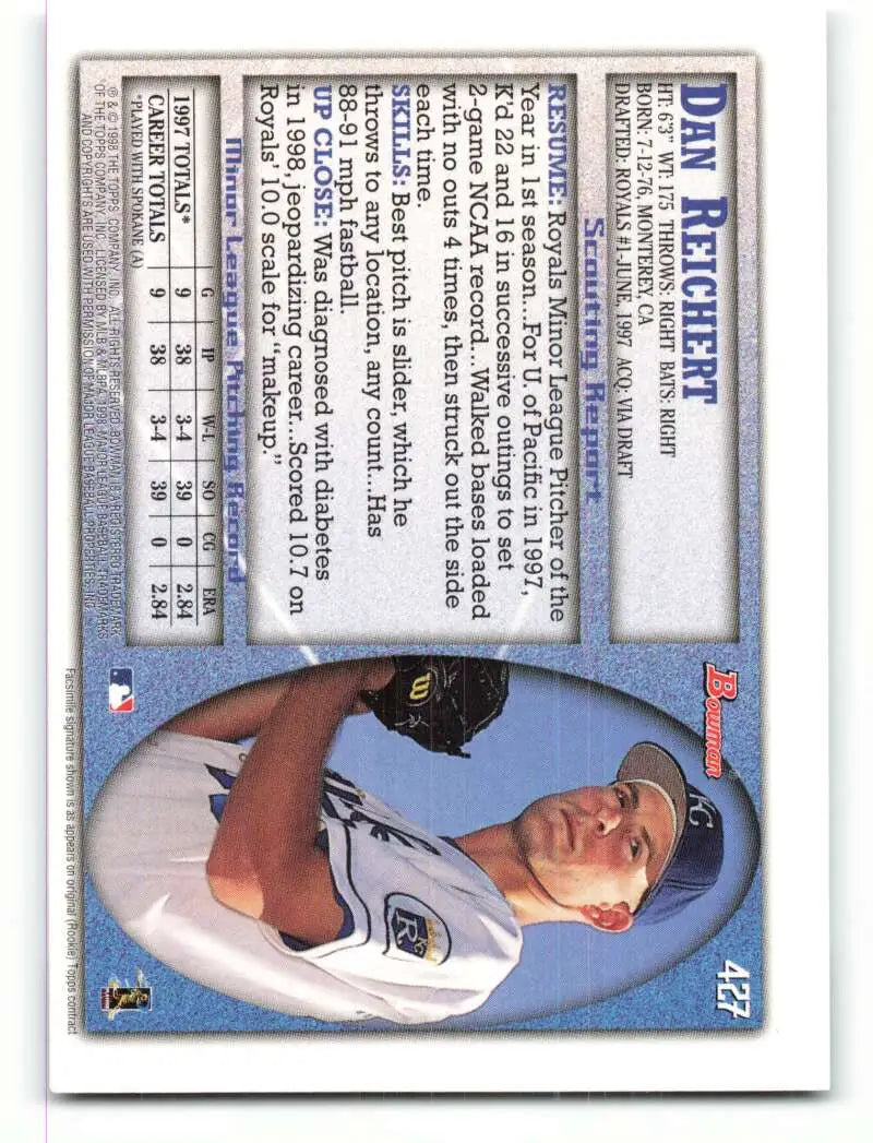 1998 Bowman #427 Dan Reichert EX Excellent RC Rookie Kansas City Royals Baseball Card - Baseball Card Single
