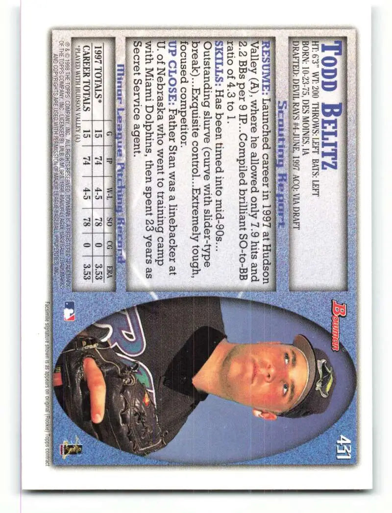 1998 Bowman #431 Todd Belitz EX Excellent RC Rookie Tampa Bay Devil Rays Baseball Card - Baseball Card Single