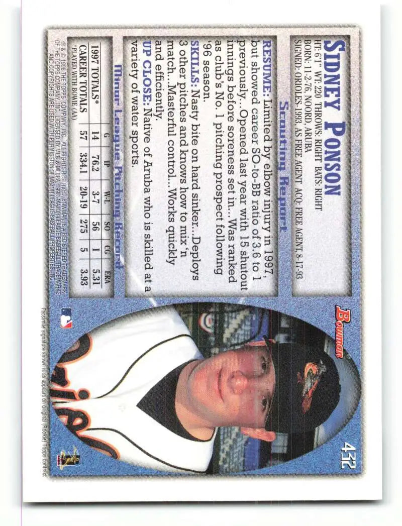 1998 Bowman #432 Sidney Ponson EX Excellent Baltimore Orioles Baseball Card - Baseball Card Single
