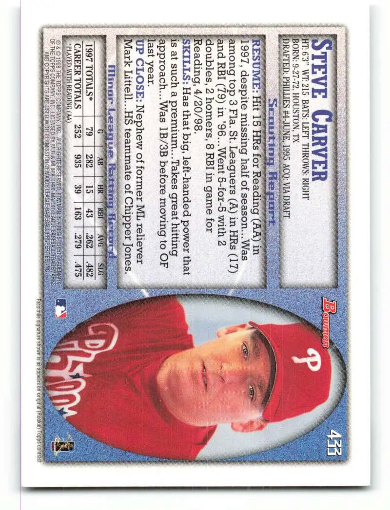 1998 Bowman #433 Steve Carver EX Excellent RC Rookie Philadelphia Phillies Baseball Card - Baseball Card Single