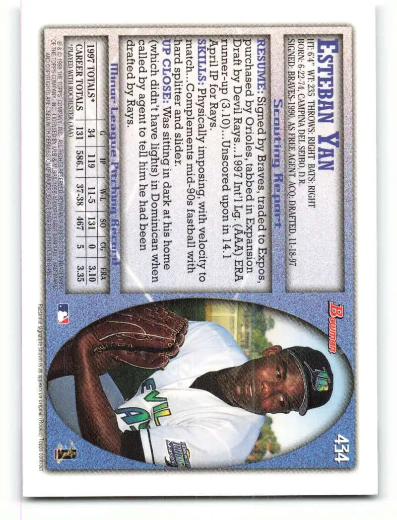 1998 Bowman #434 Esteban Yan EX Excellent RC Rookie Tampa Bay Devil Rays Baseball Card - Baseball Card Single