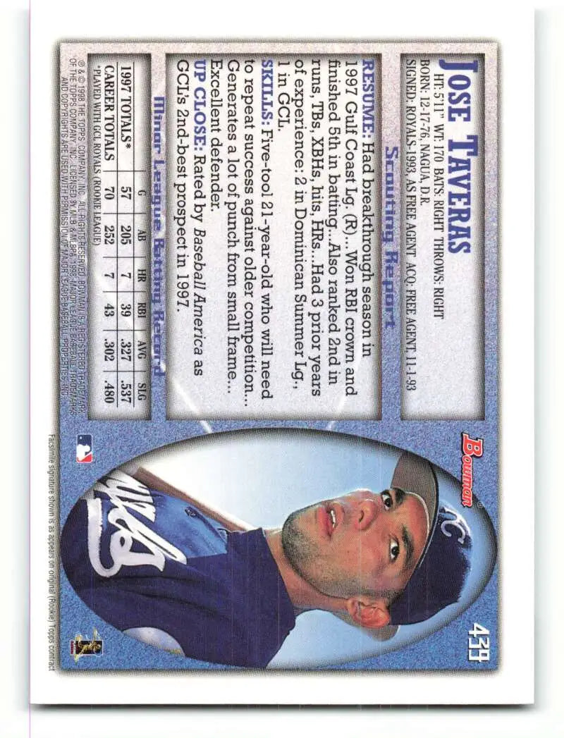 1998 Bowman #439 Jose Taveras EX Excellent RC Rookie Kansas City Royals Baseball Card - Baseball Card Single