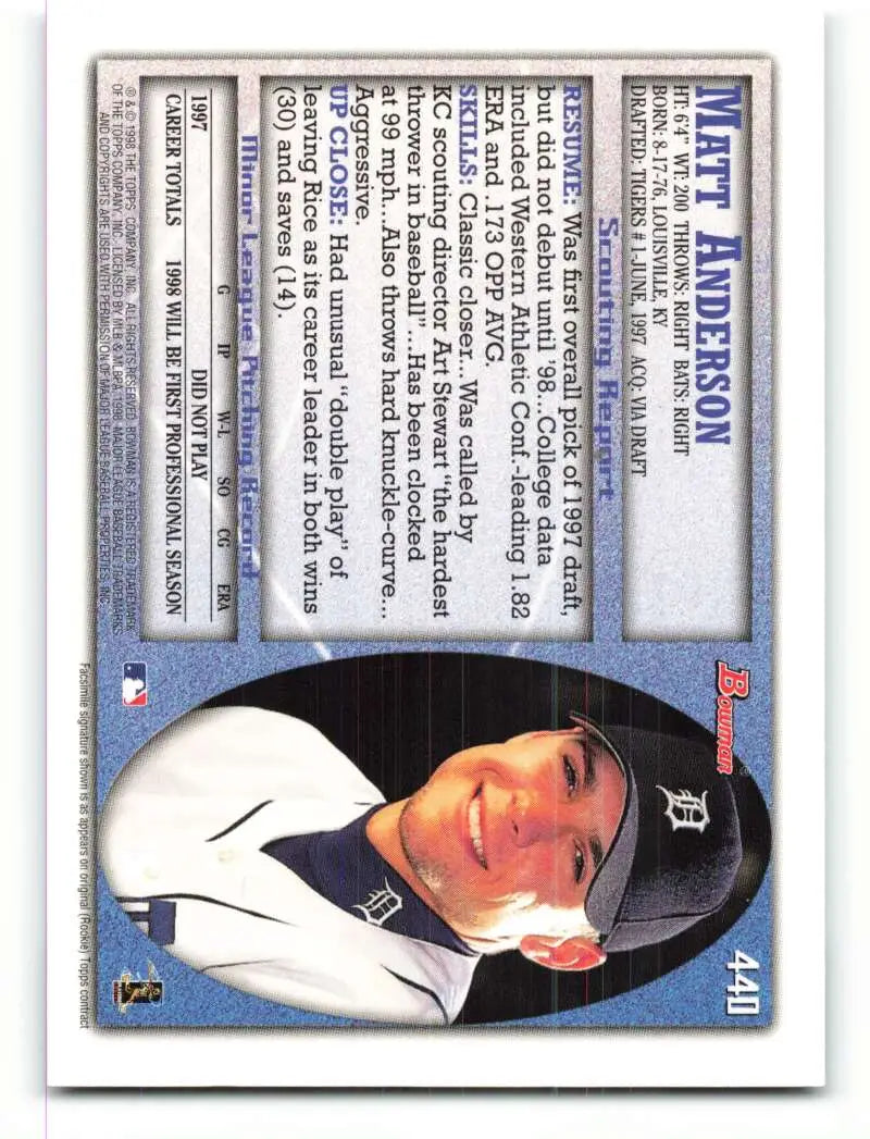 1998 Bowman #440 Matt Anderson EX Excellent RC Rookie Detroit Tigers Baseball Card - Baseball Card Single