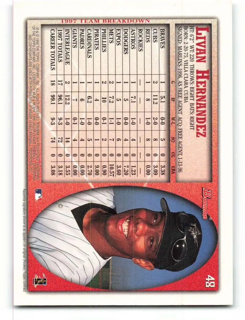 1998 Bowman #48 Livan Hernandez EX Excellent Florida Marlins Baseball Card - Baseball Card Single