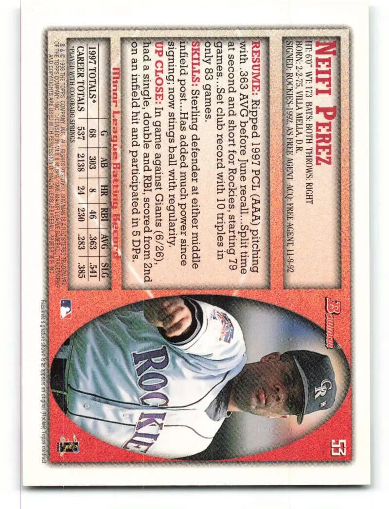 1998 Bowman #53 Neifi Perez EX Excellent Colorado Rockies Baseball Card - Baseball Card Single