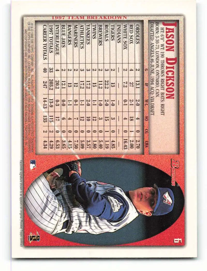 1998 Bowman #6 Jason Dickson EX Excellent Anaheim Angels Baseball Card - Baseball Card Single