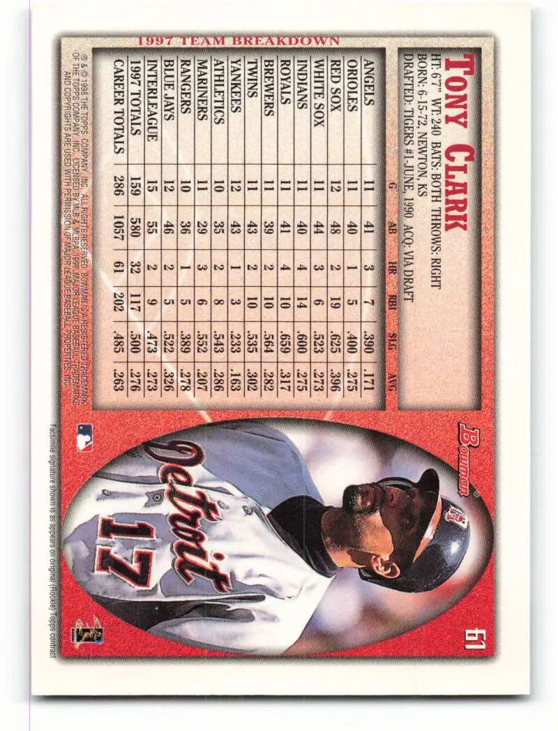 1998 Bowman #61 Tony Clark EX Excellent Detroit Tigers Baseball Card - Baseball Card Single