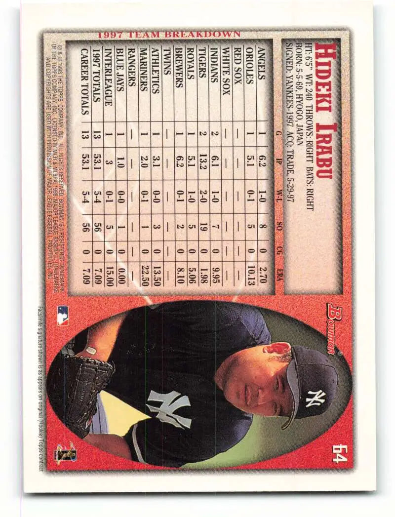 1998 Bowman #64 Hideki Irabu EX Excellent New York Yankees Baseball Card - Baseball Card Single