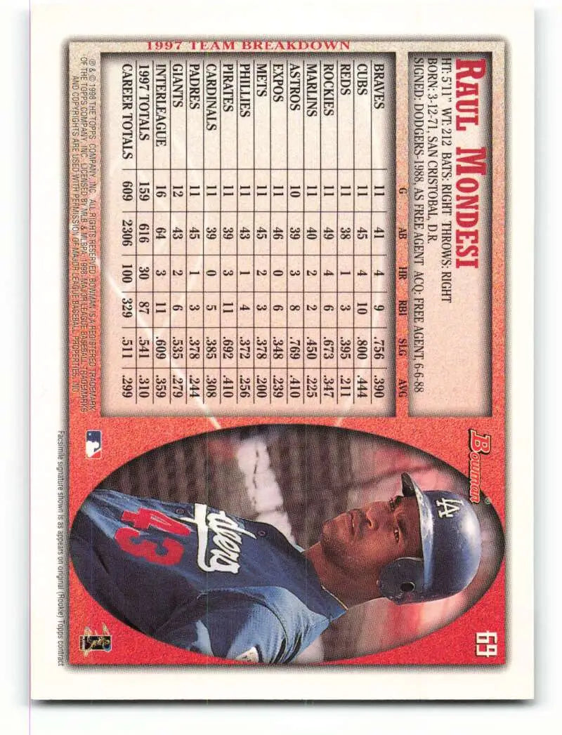 1998 Bowman #69 Raul Mondesi EX Excellent Los Angeles Dodgers Baseball Card - Baseball Card Single