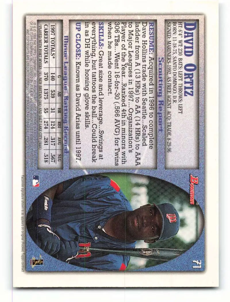 1998 Bowman #71 David Ortiz EX Excellent Minnesota Twins Baseball Card - Baseball Card Single