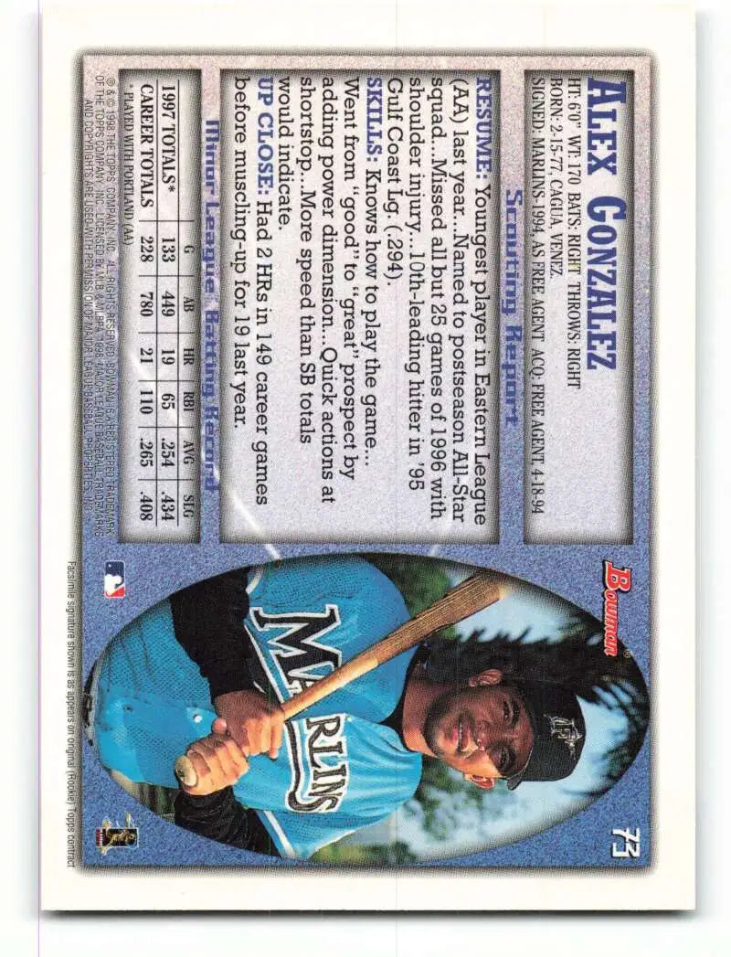1998 Bowman #73 Alex Gonzalez EX Excellent Florida Marlins Baseball Card - Baseball Card Single