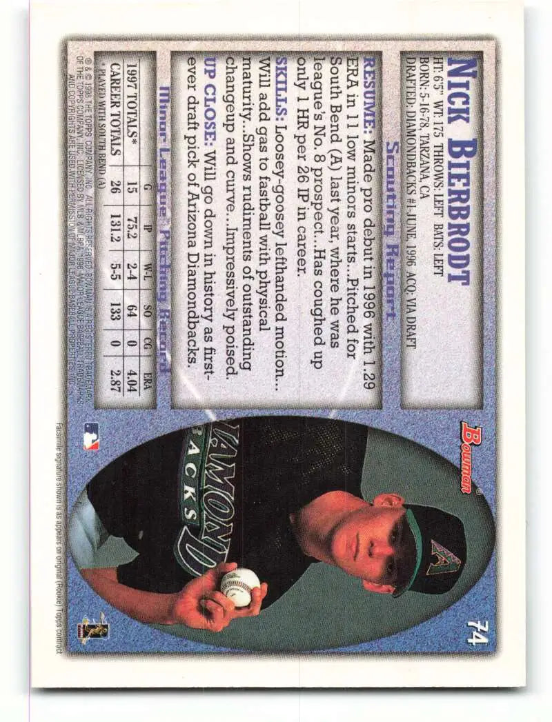 1998 Bowman #74 Nick Bierbrodt EX Excellent Arizona Diamondbacks Baseball Card - Baseball Card Single