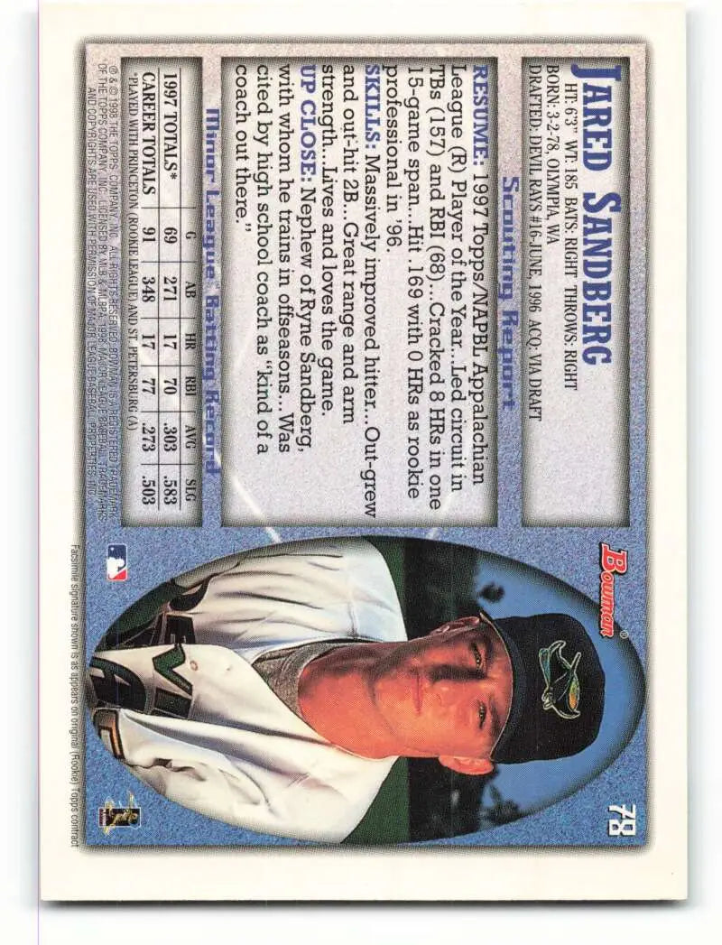 1998 Bowman #78 Jared Sandberg EX Excellent Tampa Bay Devil Rays Baseball Card - Baseball Card Single