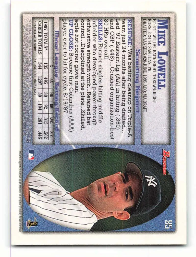 1998 Bowman #85 Mike Lowell EX Excellent RC Rookie New York Yankees Baseball Card - Baseball Card Single