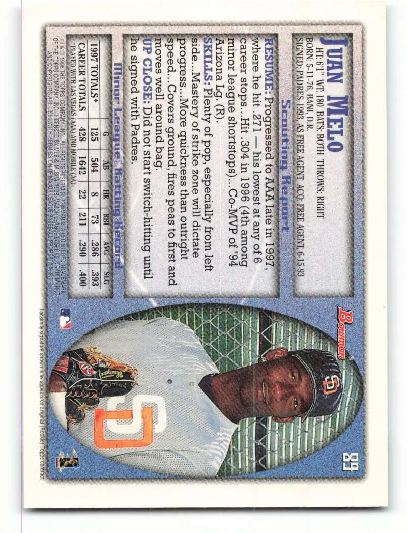 1998 Bowman #89 Juan Melo EX Excellent San Diego Padres Baseball Card - Baseball Card Single