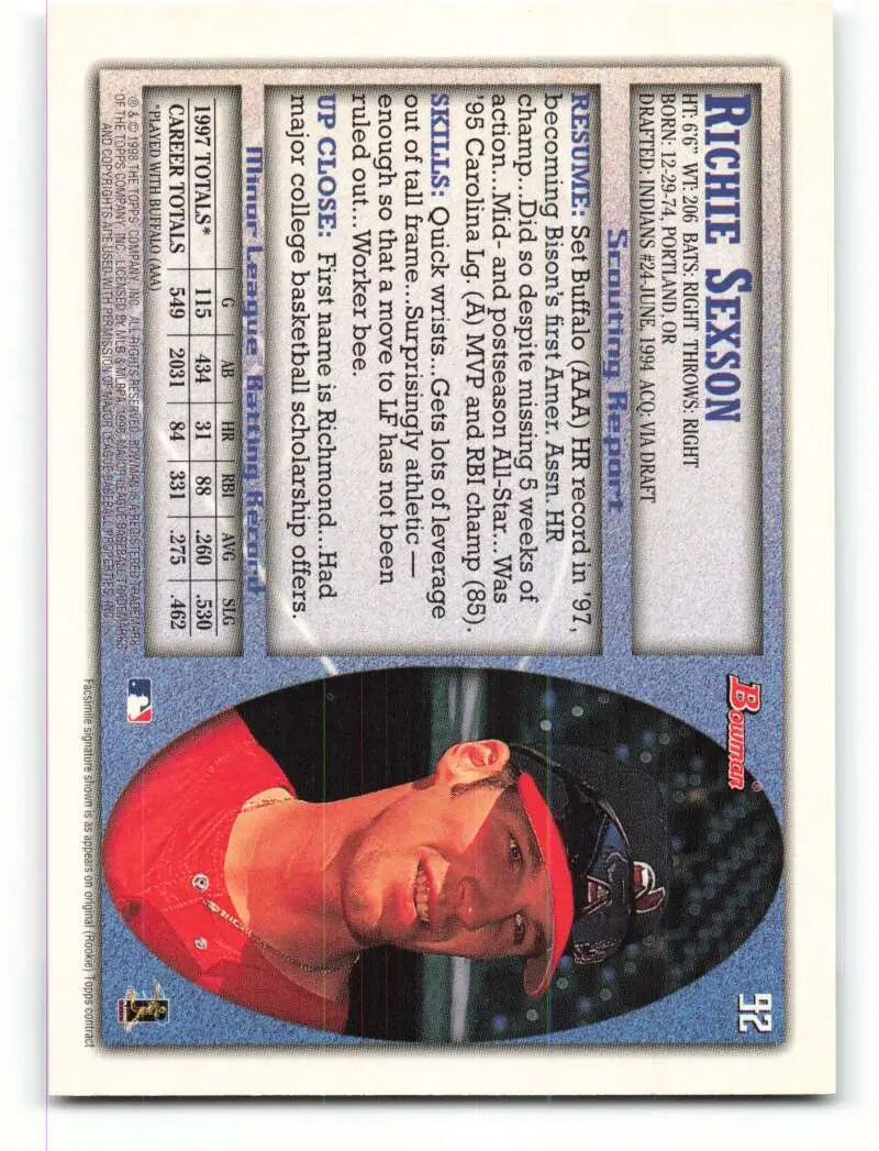 1998 Bowman #92 Richie Sexson EX Excellent Cleveland Indians Baseball Card - Baseball Card Single