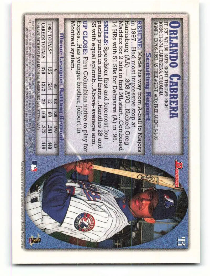 1998 Bowman #93 Orlando Cabrera EX Excellent Montreal Expos Baseball Card - Baseball Card Single