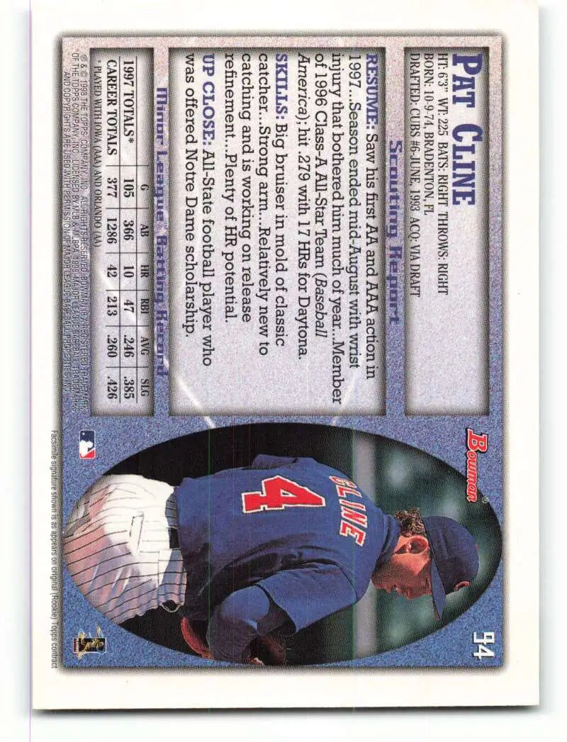 1998 Bowman #94 Pat Cline EX Excellent Chicago Cubs Baseball Card - Baseball Card Single