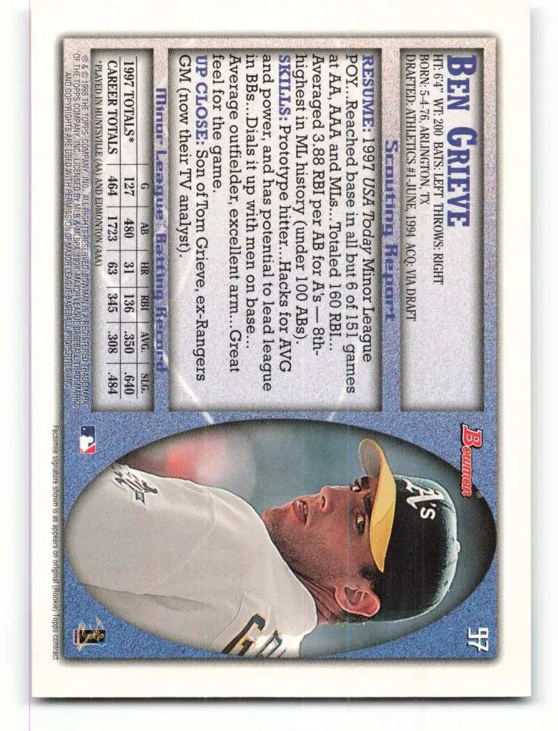 1998 Bowman #97 Ben Grieve EX Excellent Oakland Athletics Baseball Card - Baseball Card Single