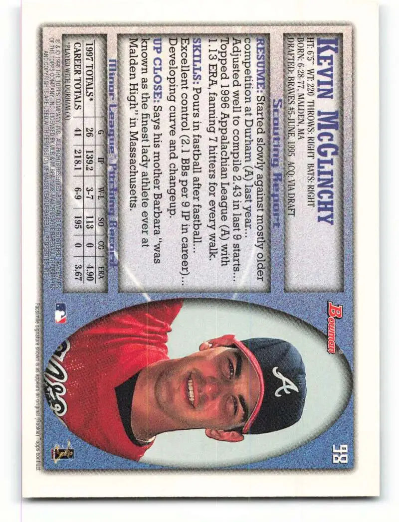 1998 Bowman #98 Kevin McGlinchy EX Excellent Atlanta Braves Baseball Card - Baseball Card Single