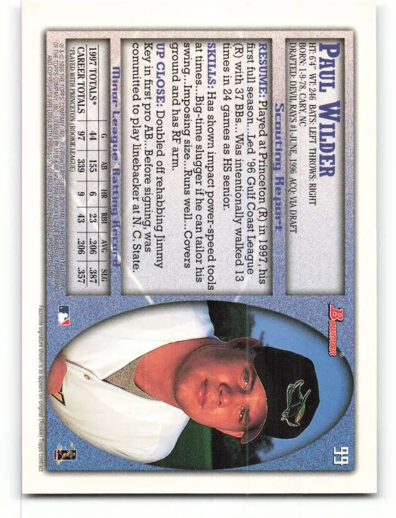 1998 Bowman #99 Paul Wilder EX Excellent Tampa Bay Devil Rays Baseball Card - Baseball Card Single