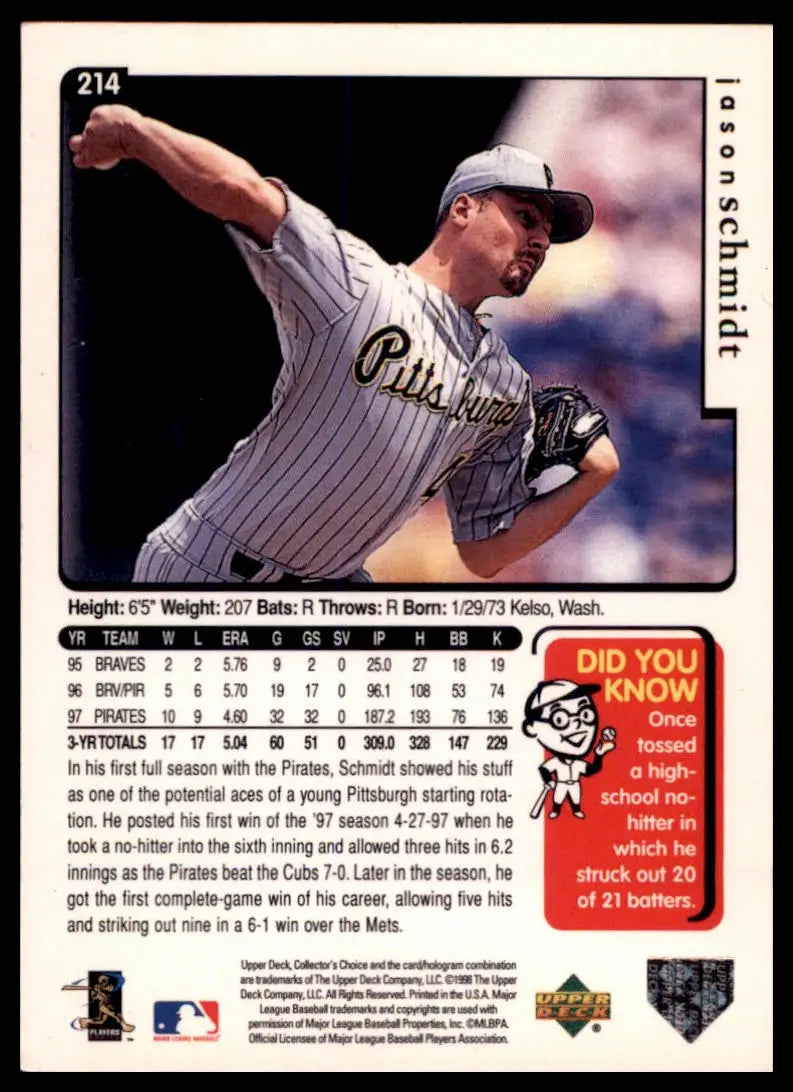 1998 Collector’s Choice Jason Schmidt 214 Pittsburgh Pirates NM - Baseball Card Single