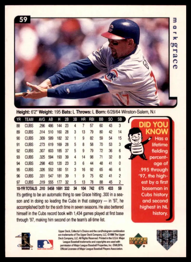 1998 Collector’s Choice Mark Grace 59 Chicago Cubs NM - Baseball Card Single