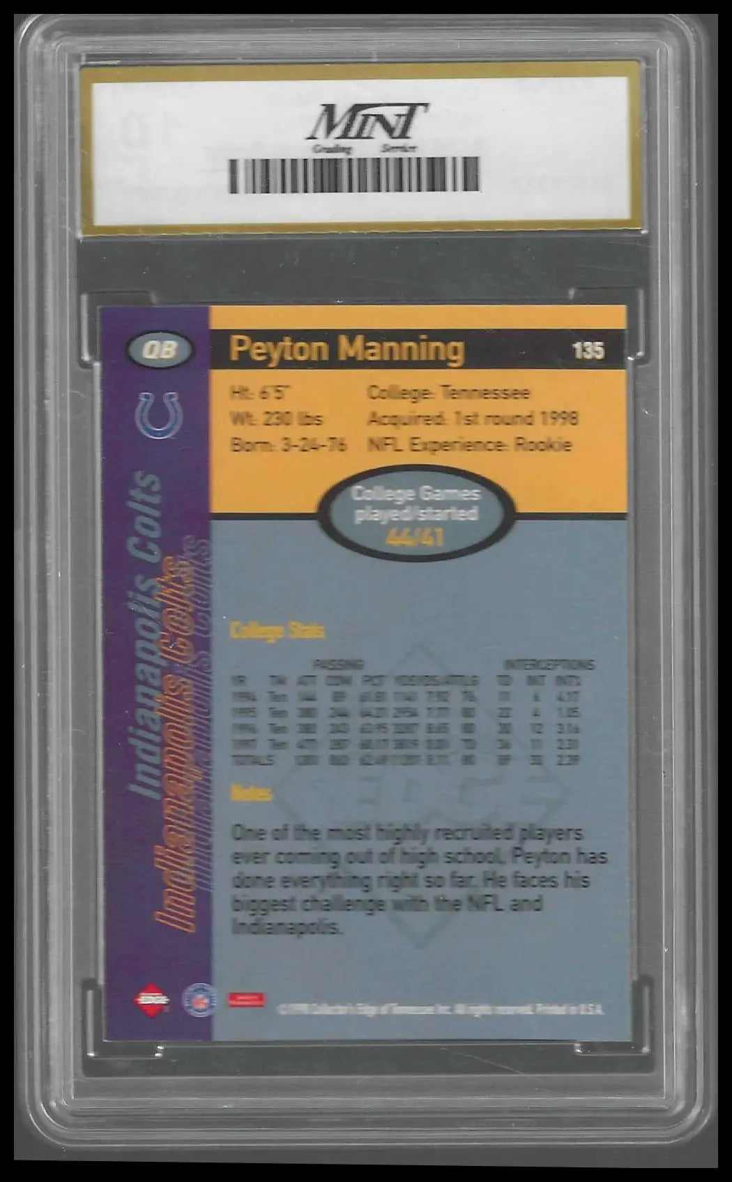 1998 Collector’s Edge 1ST Place Record Setters #135 Peyton Manning Rookie MNT 10 - Football Card Single