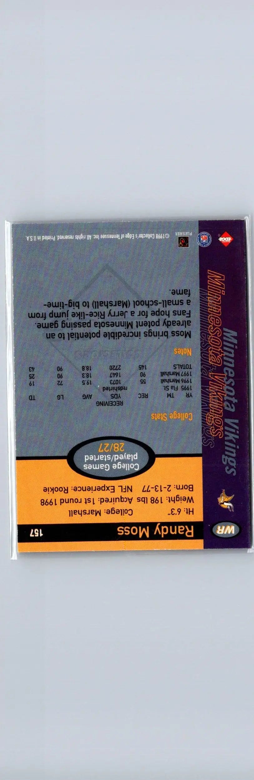 1998 Collector’s Edge First Place #157 Randy Moss Record Setters - Football Card Single