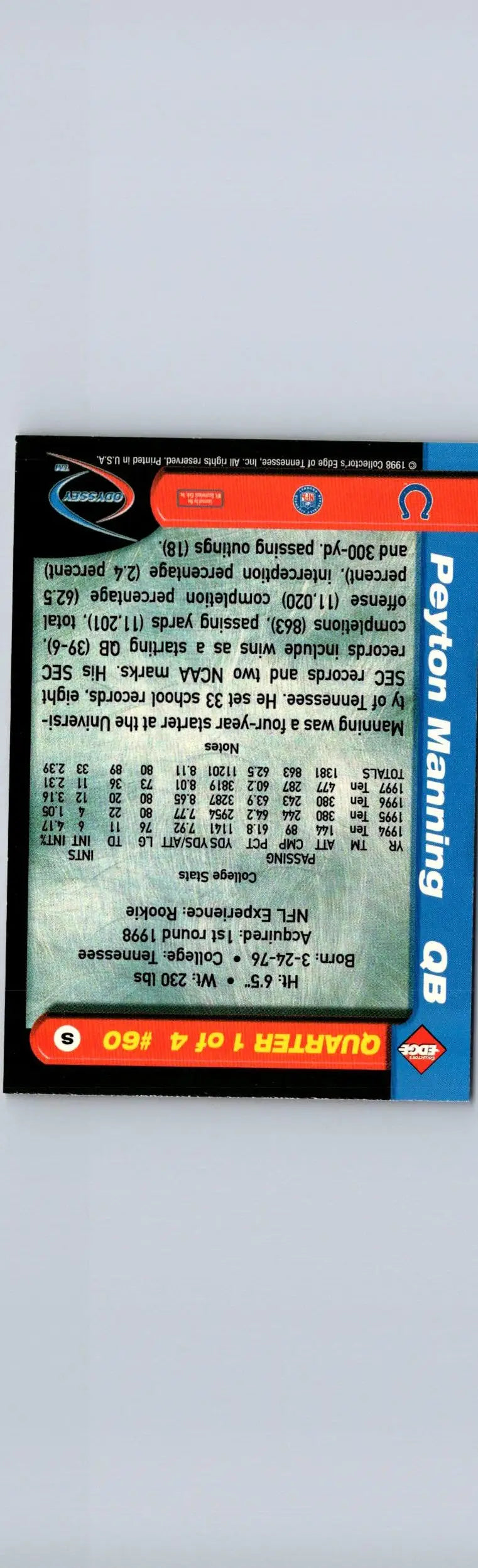 1998 Collector’s Edge Odyssey #60 Peyton Manning - Football Card Single