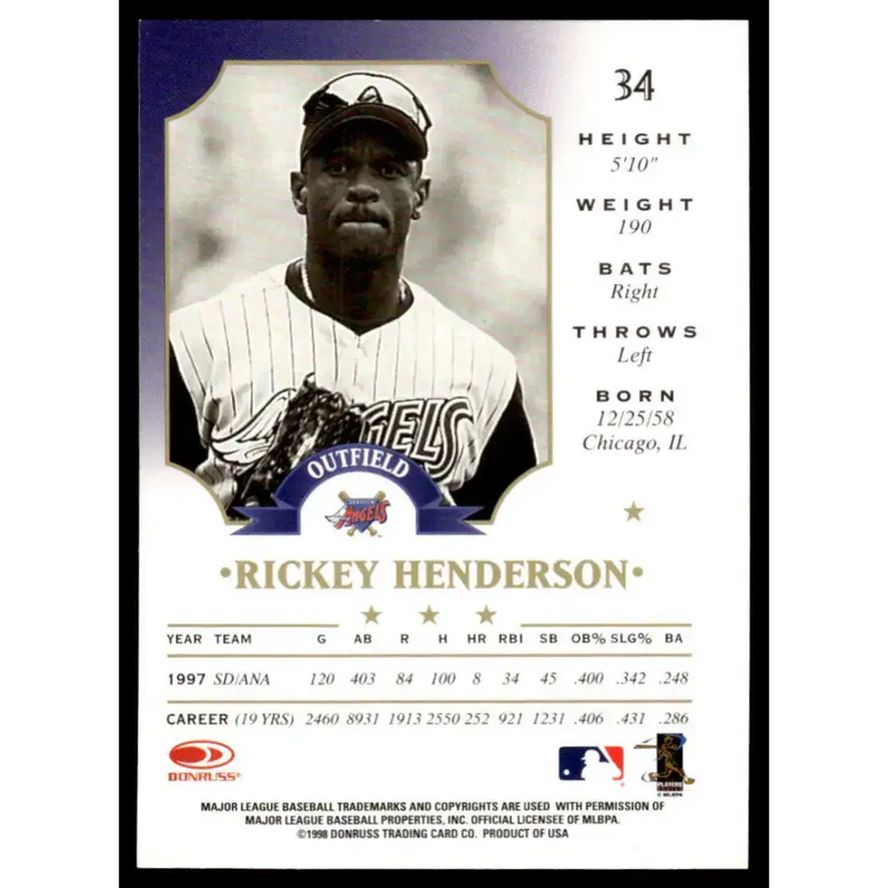 1998 Donruss #34 Rickey Henderson NM-MT Angels Baseball Card - Baseball Card Single