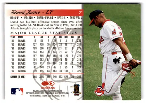 1998 Donruss #7 David Justice NM Near Mint Indians ID:81552 - Baseball Card Single