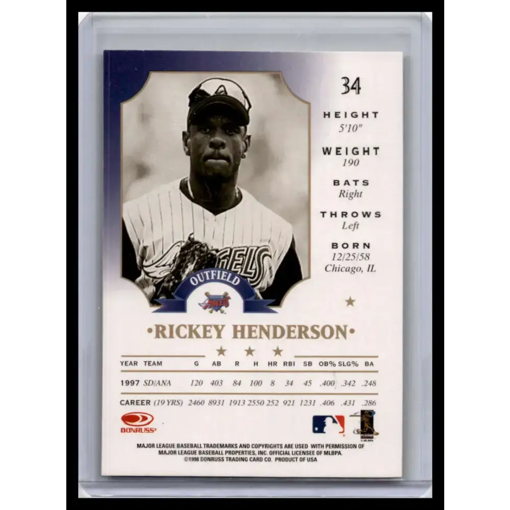 1998 Leaf #34 Rickey Henderson NM-MT Anaheim Angels Baseball Card - Baseball Card Single