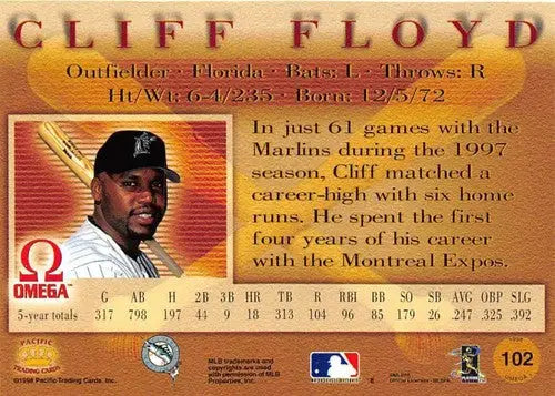 1998 Pacific Omega #102 Cliff Floyd NM-MT Marlins ID:58832 - Baseball Card Single